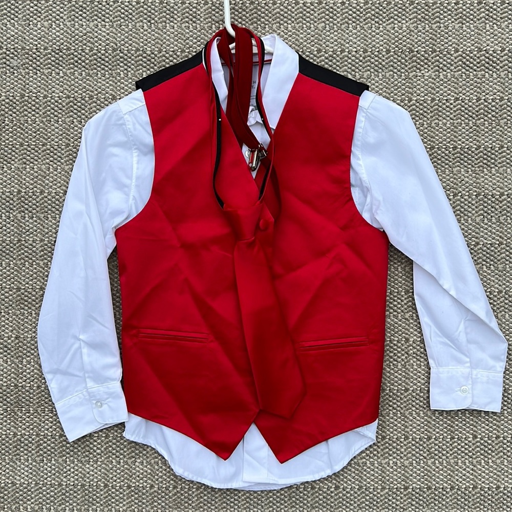 Boys formal shirt, vest, tie, and suspenders